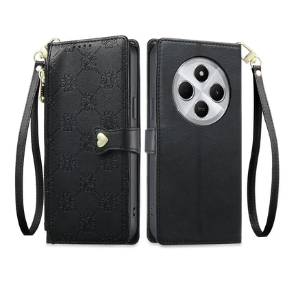 For Redmi 14C 4G / 14R / A4 5G Zipper Wallet Heart Buckle Vegan Leather Phone Case with Wrist Strap(Black)