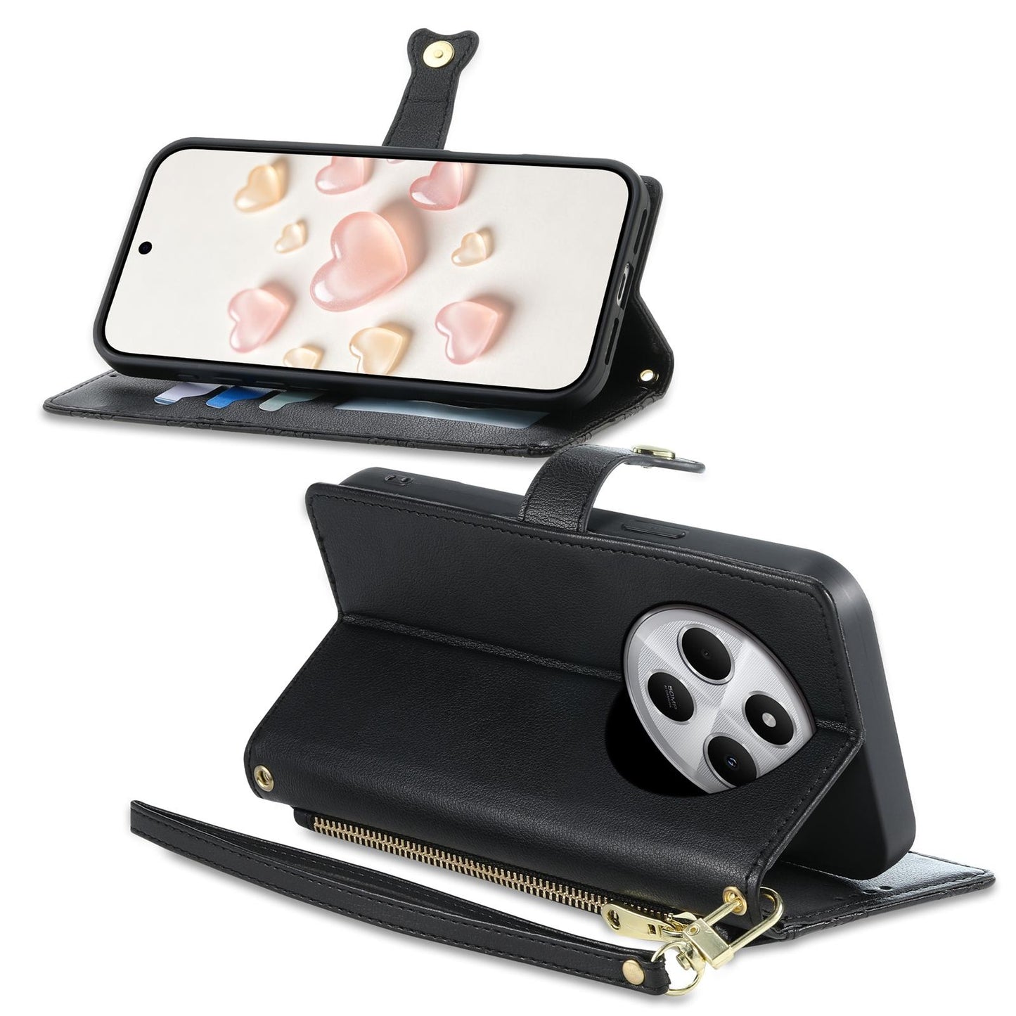 For Redmi 14C 4G / 14R / A4 5G Zipper Wallet Heart Buckle Vegan Leather Phone Case with Wrist Strap(Black)