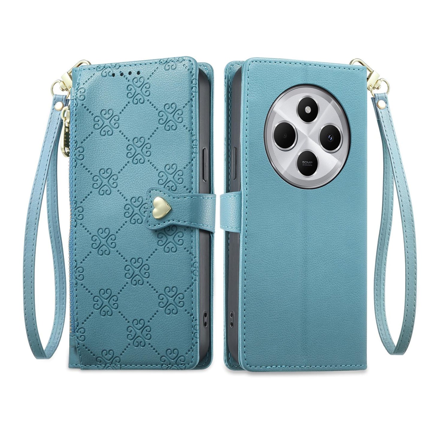 For Redmi 14C 4G / 14R / A4 5G Zipper Wallet Heart Buckle Vegan Leather Phone Case with Wrist Strap(Lake Blue)