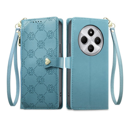 For Redmi 14C 4G / 14R / A4 5G Zipper Wallet Heart Buckle Vegan Leather Phone Case with Wrist Strap(Lake Blue)