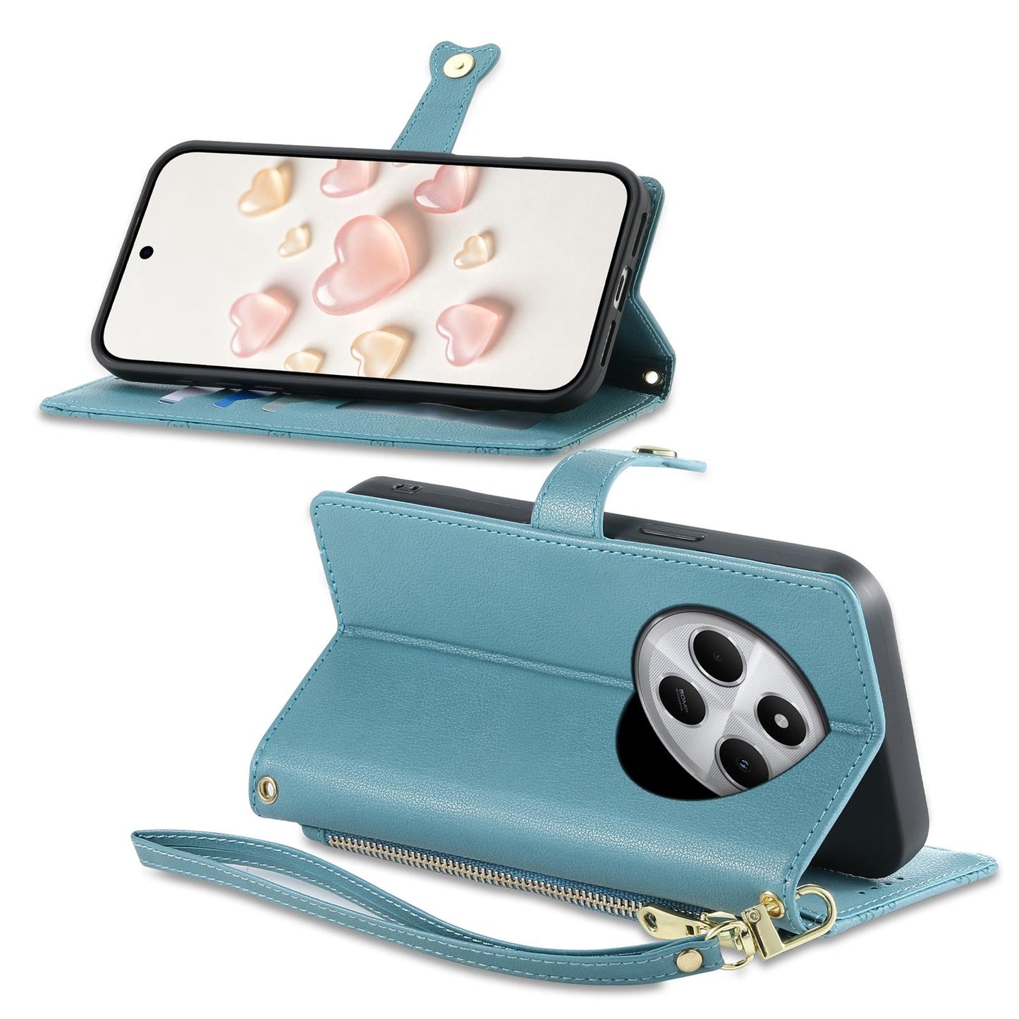 For Redmi 14C 4G / 14R / A4 5G Zipper Wallet Heart Buckle Vegan Leather Phone Case with Wrist Strap(Lake Blue)