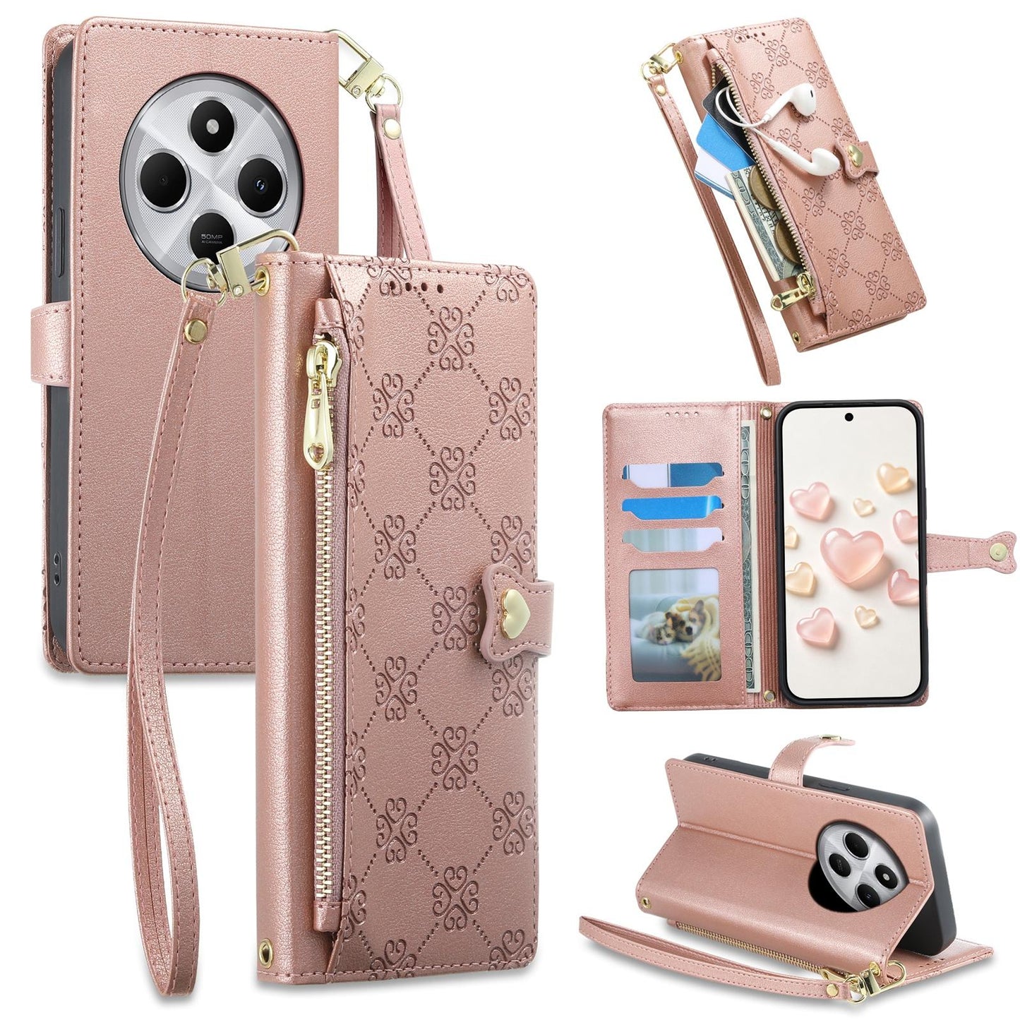 For Redmi 14C 4G / 14R / A4 5G Zipper Wallet Heart Buckle Vegan Leather Phone Case with Wrist Strap(Pink)