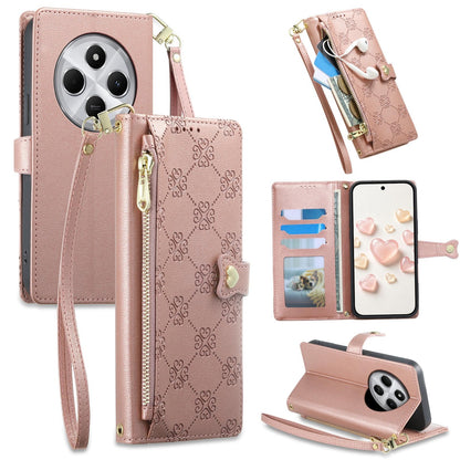 For Redmi 14C 4G / 14R / A4 5G Zipper Wallet Heart Buckle Vegan Leather Phone Case with Wrist Strap(Pink)