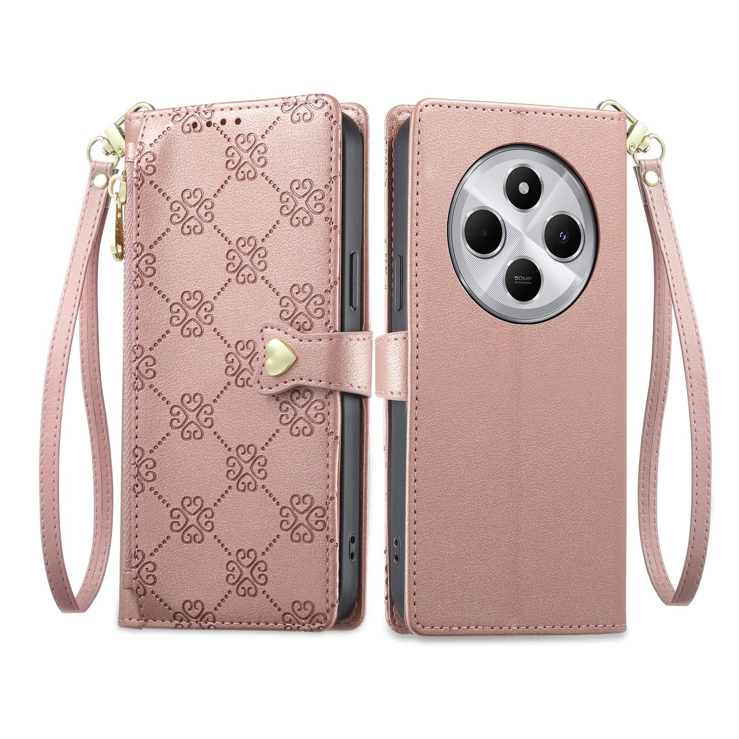 For Redmi 14C 4G / 14R / A4 5G Zipper Wallet Heart Buckle Vegan Leather Phone Case with Wrist Strap(Pink)