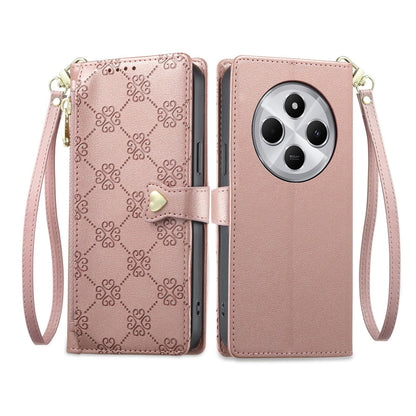 For Redmi 14C 4G / 14R / A4 5G Zipper Wallet Heart Buckle Vegan Leather Phone Case with Wrist Strap(Pink)