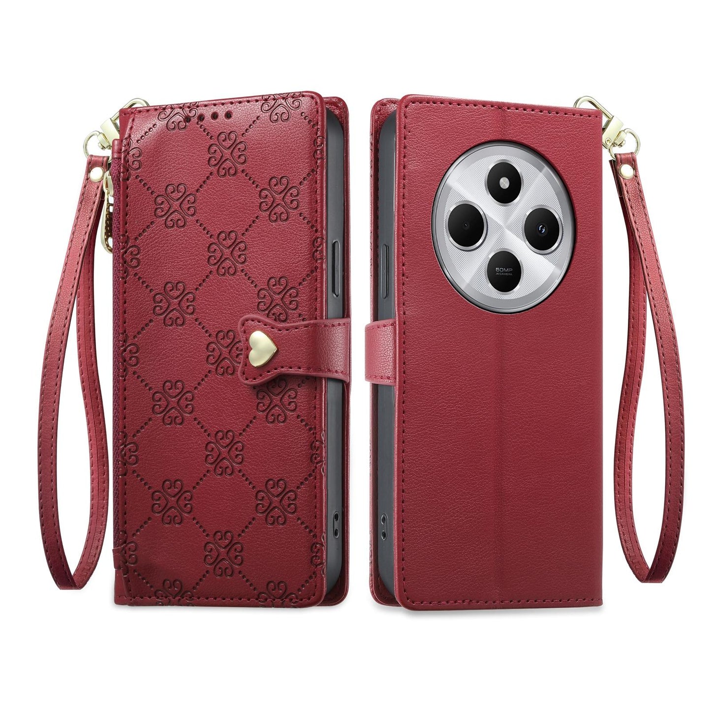 For Redmi 14C 4G / 14R / A4 5G Zipper Wallet Heart Buckle Vegan Leather Phone Case with Wrist Strap(Red)