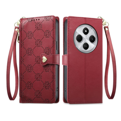 For Redmi 14C 4G / 14R / A4 5G Zipper Wallet Heart Buckle Vegan Leather Phone Case with Wrist Strap(Red)