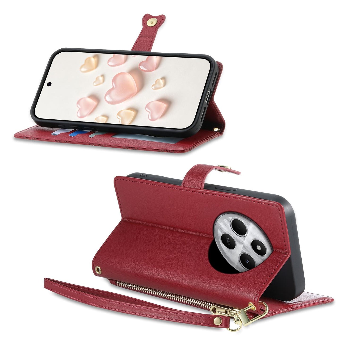 For Redmi 14C 4G / 14R / A4 5G Zipper Wallet Heart Buckle Vegan Leather Phone Case with Wrist Strap(Red)