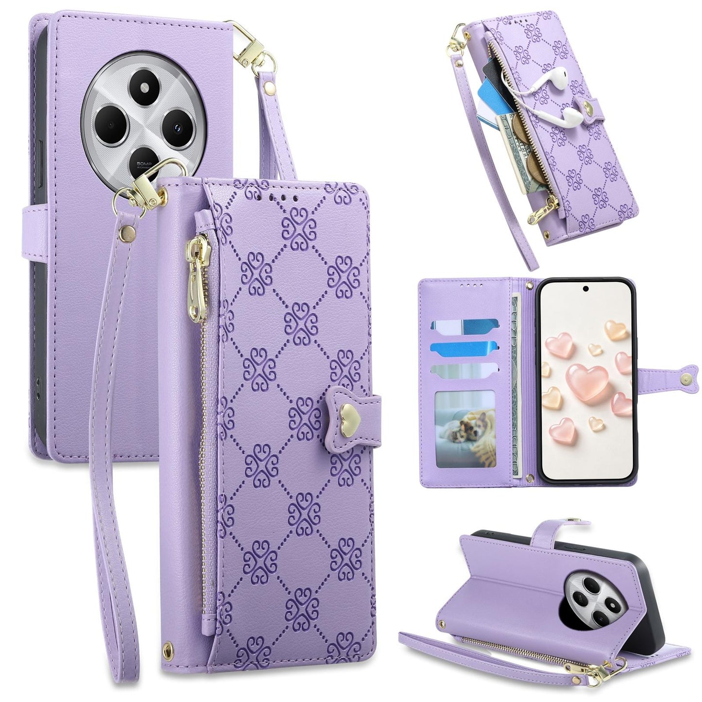 For Redmi 14C 4G / 14R / A4 5G Zipper Wallet Heart Buckle Vegan Leather Phone Case with Wrist Strap(Purple)