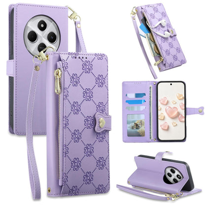 For Redmi 14C 4G / 14R / A4 5G Zipper Wallet Heart Buckle Vegan Leather Phone Case with Wrist Strap(Purple)