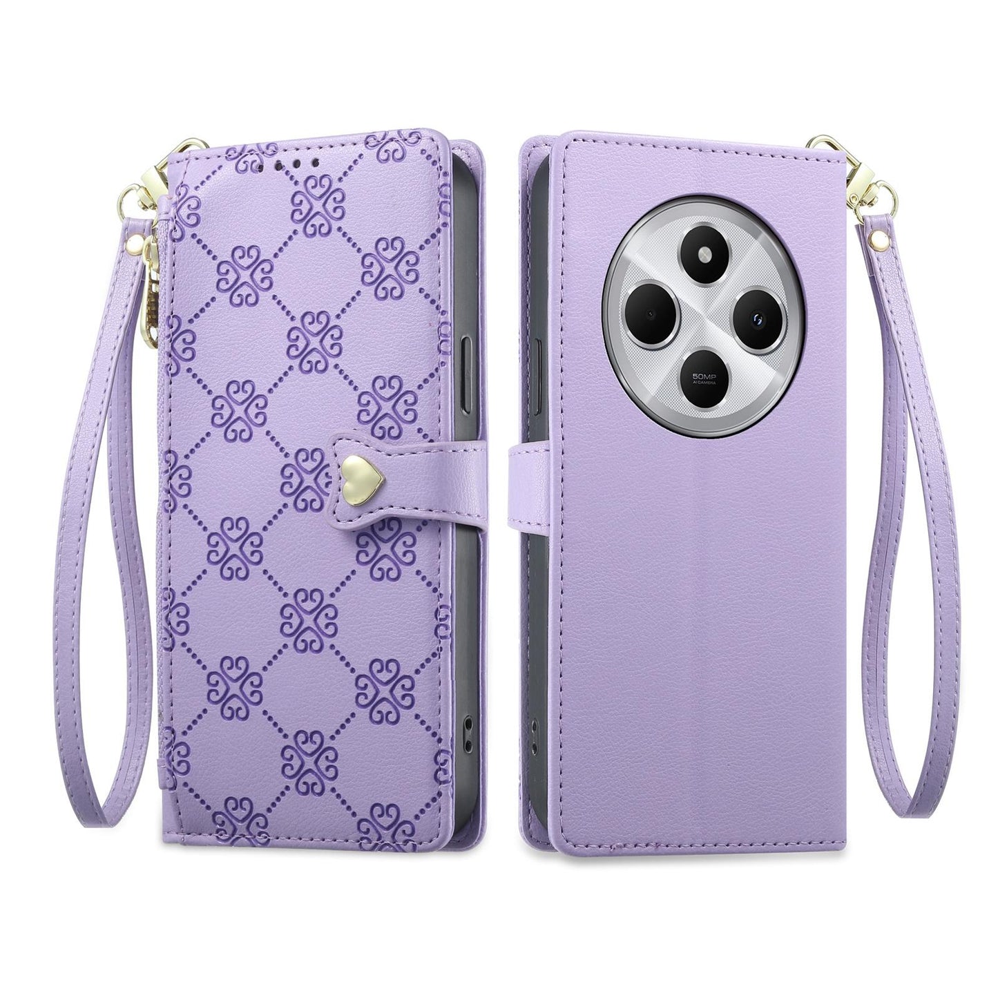 For Redmi 14C 4G / 14R / A4 5G Zipper Wallet Heart Buckle Vegan Leather Phone Case with Wrist Strap(Purple)