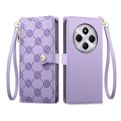 For Redmi 14C 4G / 14R / A4 5G Zipper Wallet Heart Buckle Vegan Leather Phone Case with Wrist Strap(Purple)