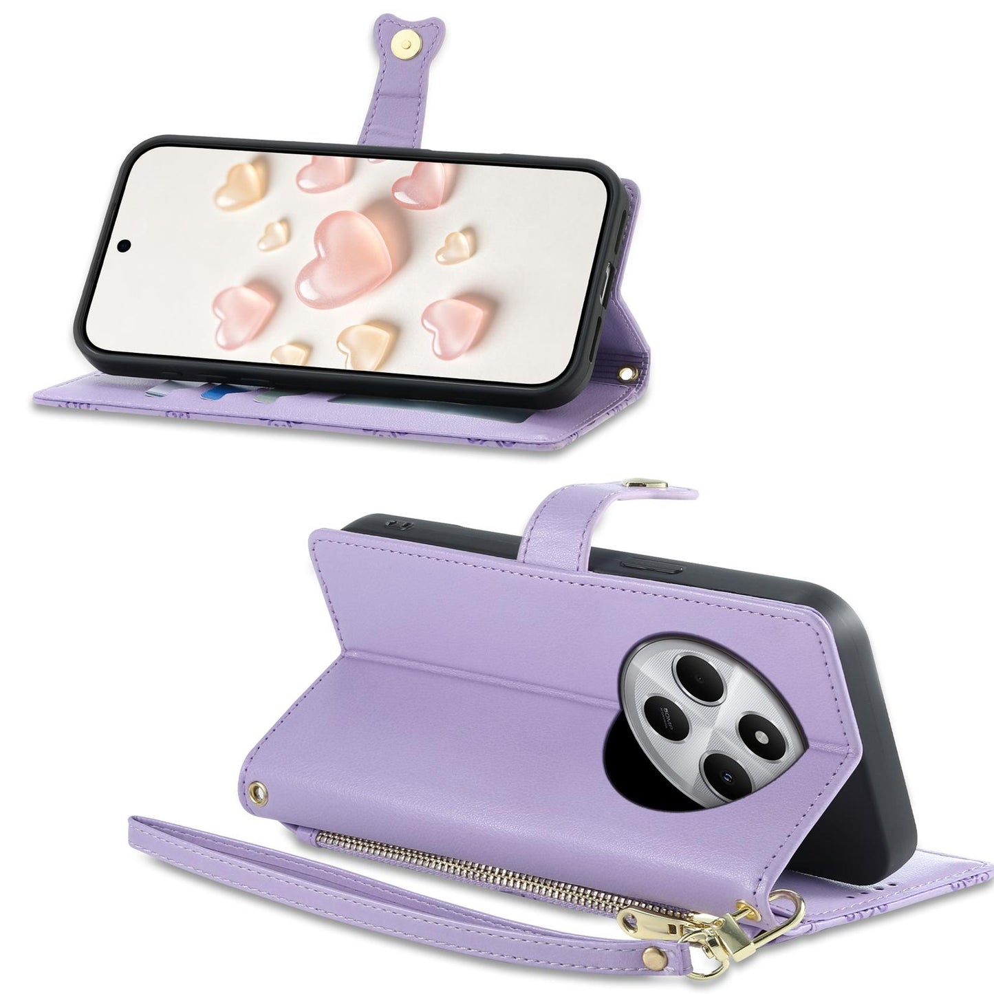 For Redmi 14C 4G / 14R / A4 5G Zipper Wallet Heart Buckle Vegan Leather Phone Case with Wrist Strap(Purple)