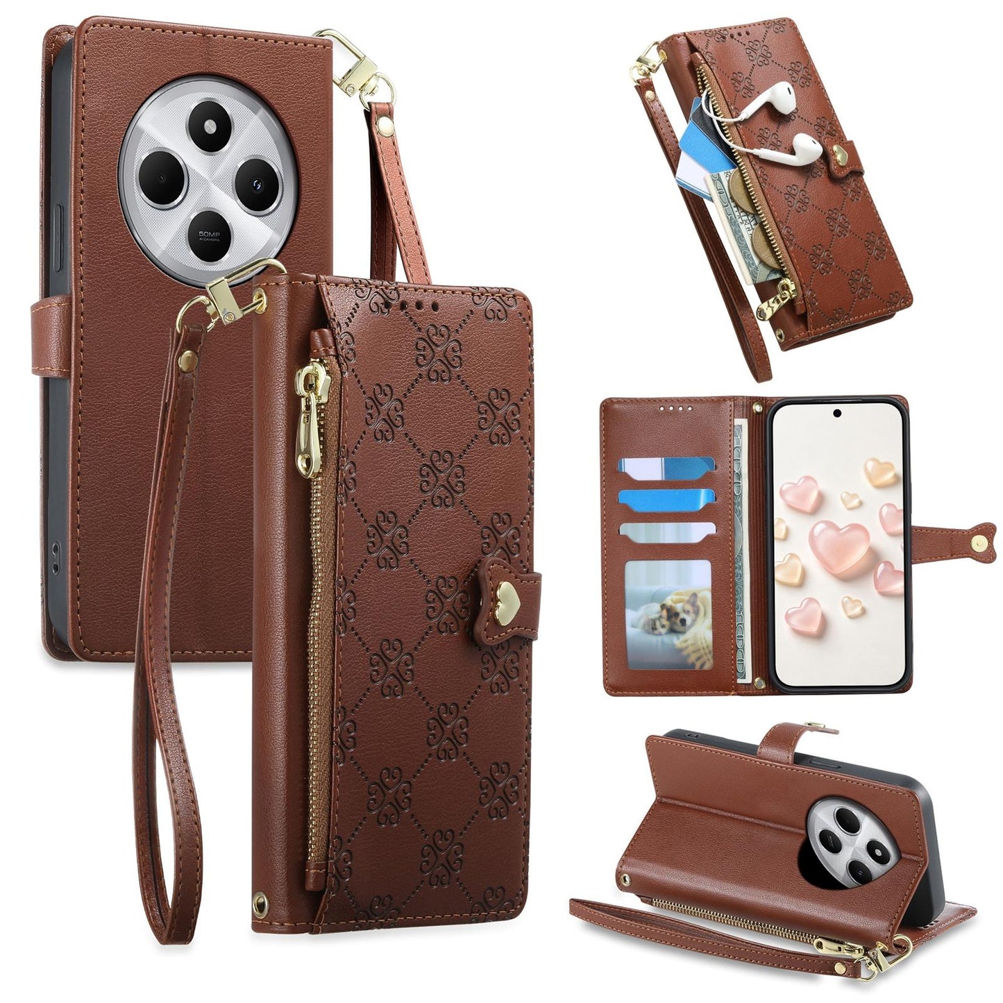 For Redmi 14C 4G / 14R / A4 5G Zipper Wallet Heart Buckle Vegan Leather Phone Case with Wrist Strap(Brown)