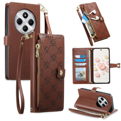 For Redmi 14C 4G / 14R / A4 5G Zipper Wallet Heart Buckle Vegan Leather Phone Case with Wrist Strap(Brown)