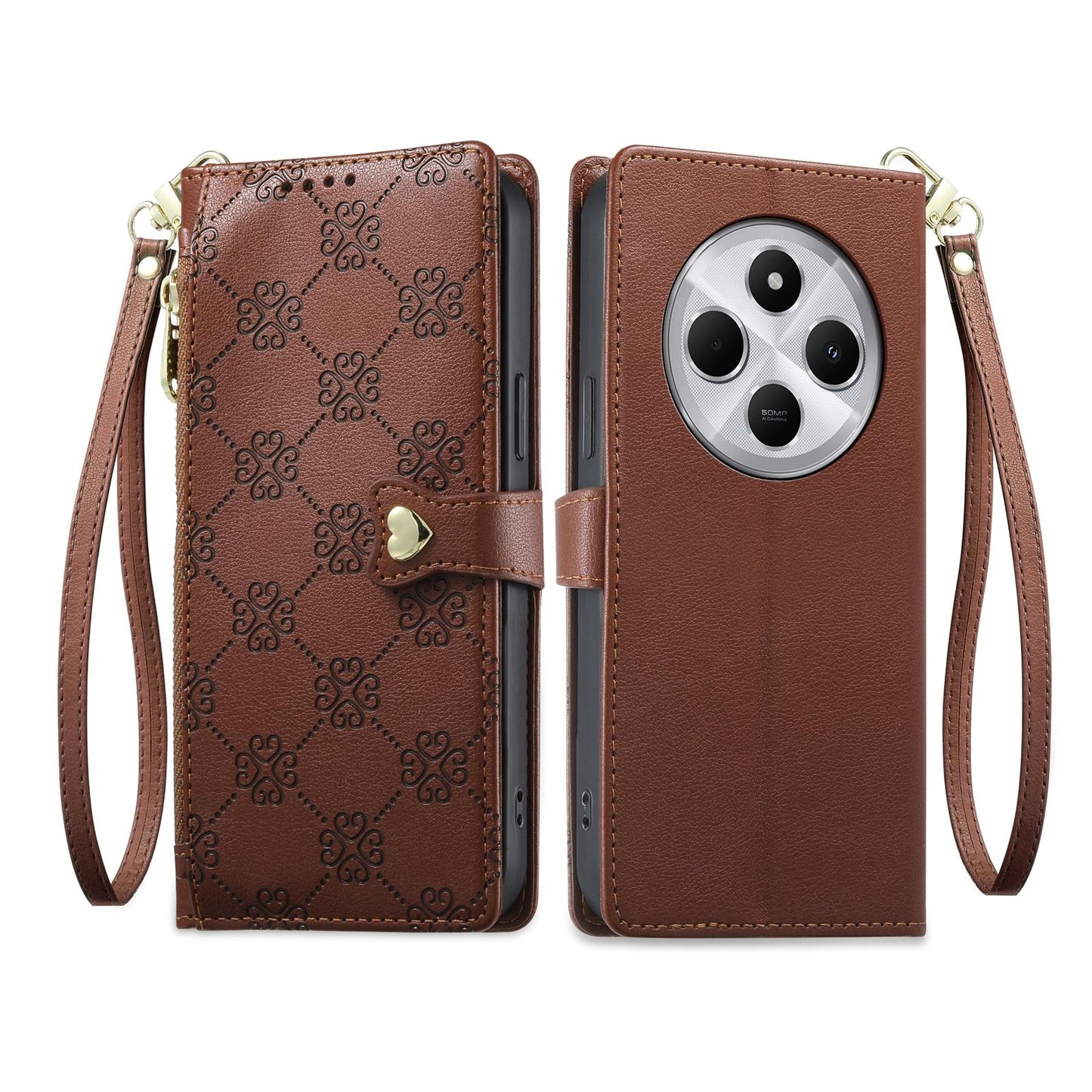 For Redmi 14C 4G / 14R / A4 5G Zipper Wallet Heart Buckle Vegan Leather Phone Case with Wrist Strap(Brown)