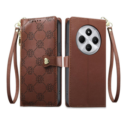 For Redmi 14C 4G / 14R / A4 5G Zipper Wallet Heart Buckle Vegan Leather Phone Case with Wrist Strap(Brown)
