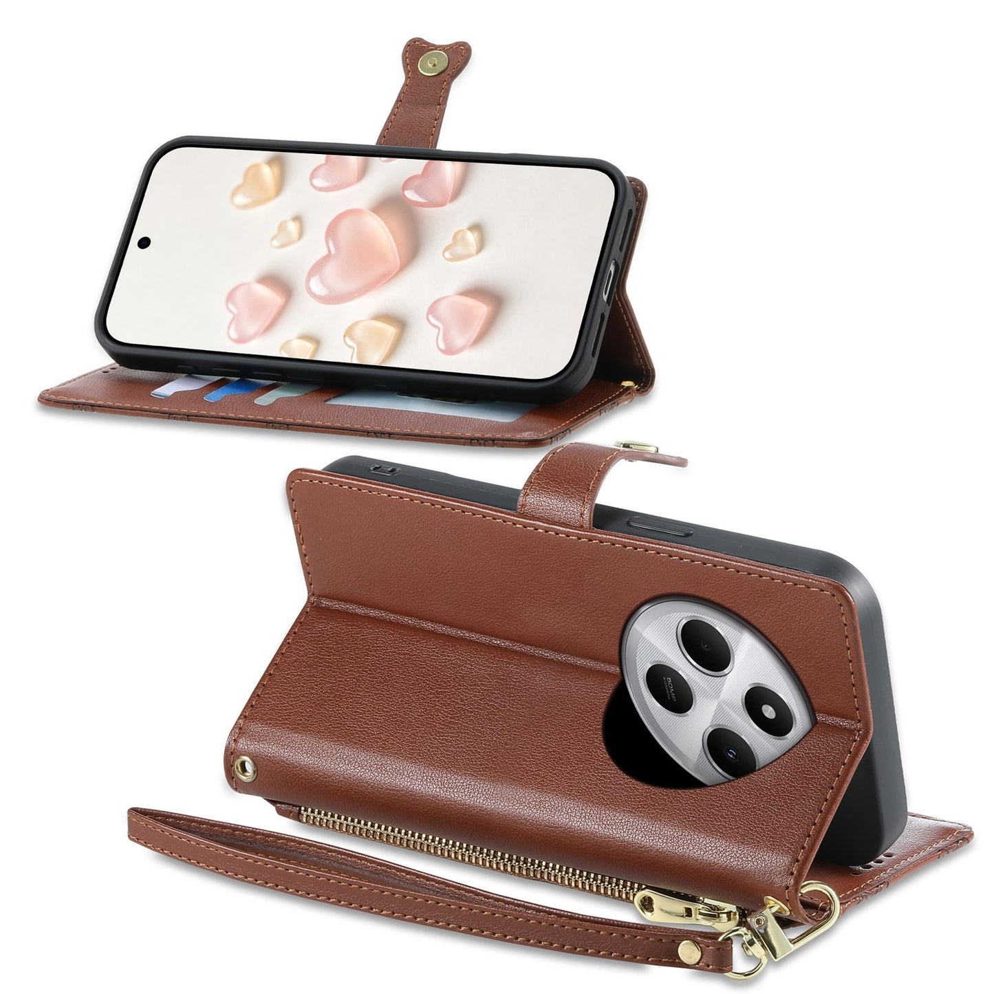 For Redmi 14C 4G / 14R / A4 5G Zipper Wallet Heart Buckle Vegan Leather Phone Case with Wrist Strap(Brown)