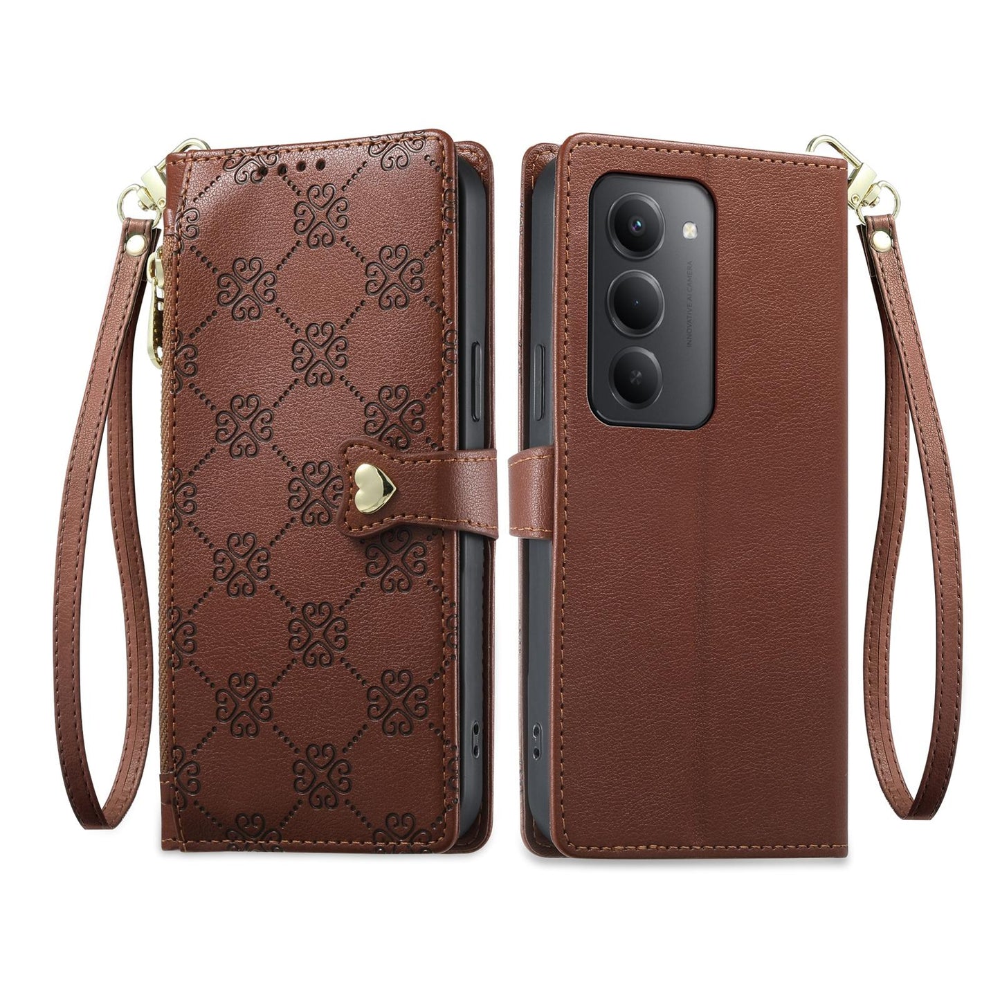For Redmi 15 5G Global / 15 4G SEA 169.5mm Zipper Wallet Heart Buckle Vegan Leather Phone Case with Wrist Strap(Brown)