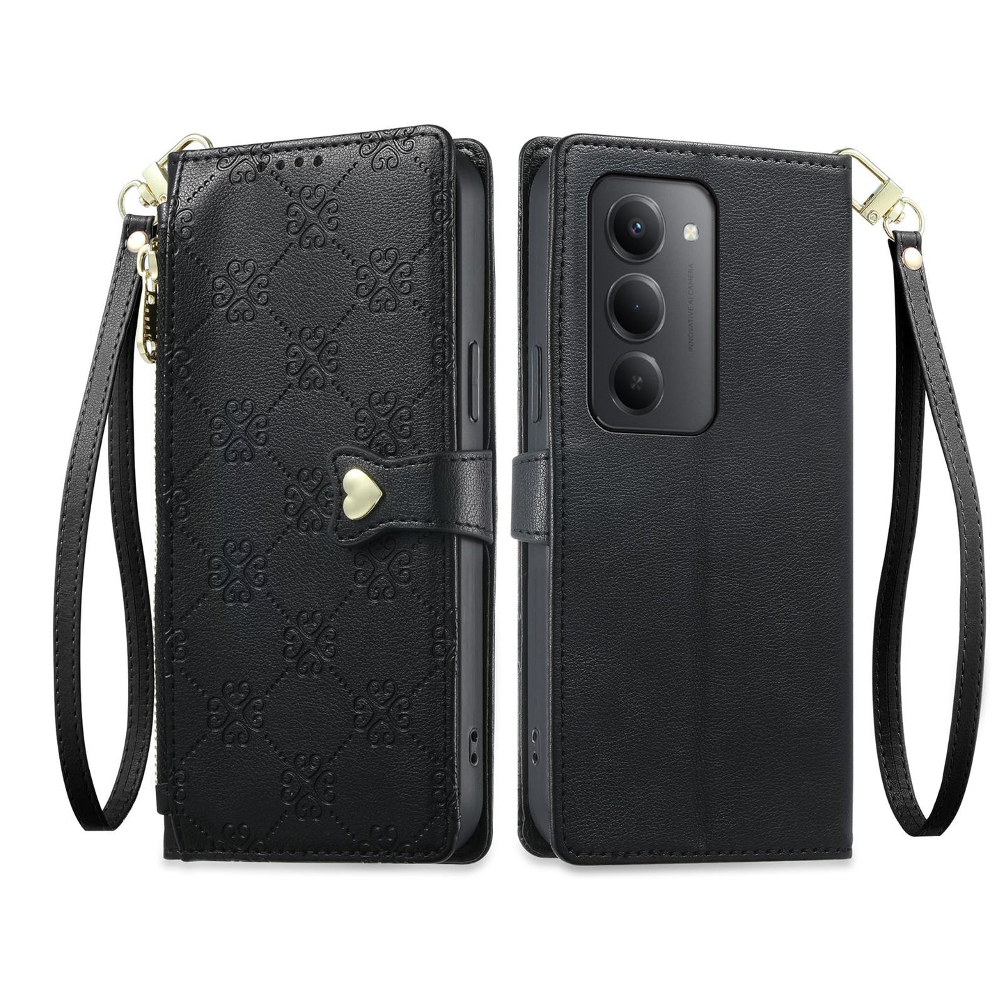 For Redmi 15 5G / 4G EU 171mm Zipper Wallet Heart Buckle Vegan Leather Phone Case with Wrist Strap(Black)