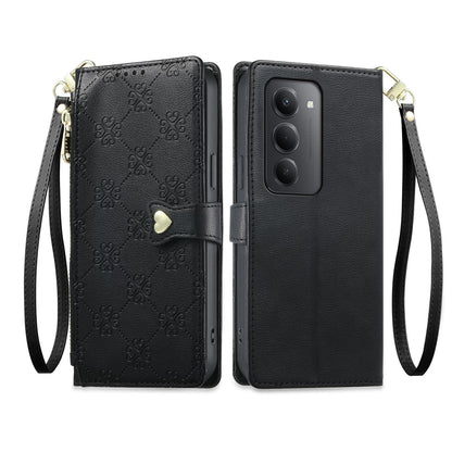 For Redmi 15 5G / 4G EU 171mm Zipper Wallet Heart Buckle Vegan Leather Phone Case with Wrist Strap(Black)