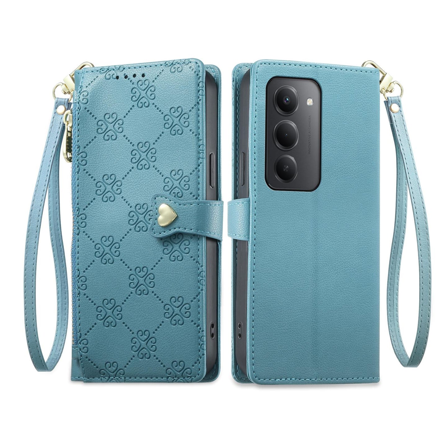 For Redmi 15 5G / 4G EU 171mm Zipper Wallet Heart Buckle Vegan Leather Phone Case with Wrist Strap(Lake Blue)