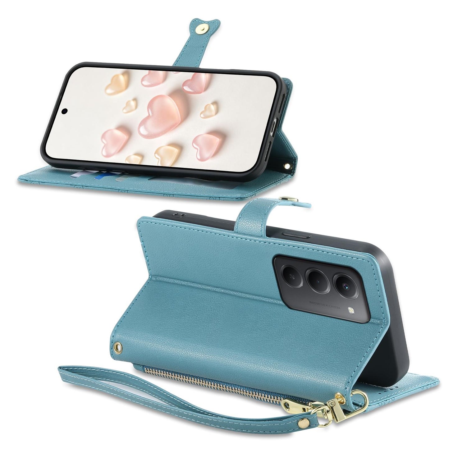 For Redmi 15 5G / 4G EU 171mm Zipper Wallet Heart Buckle Vegan Leather Phone Case with Wrist Strap(Lake Blue)