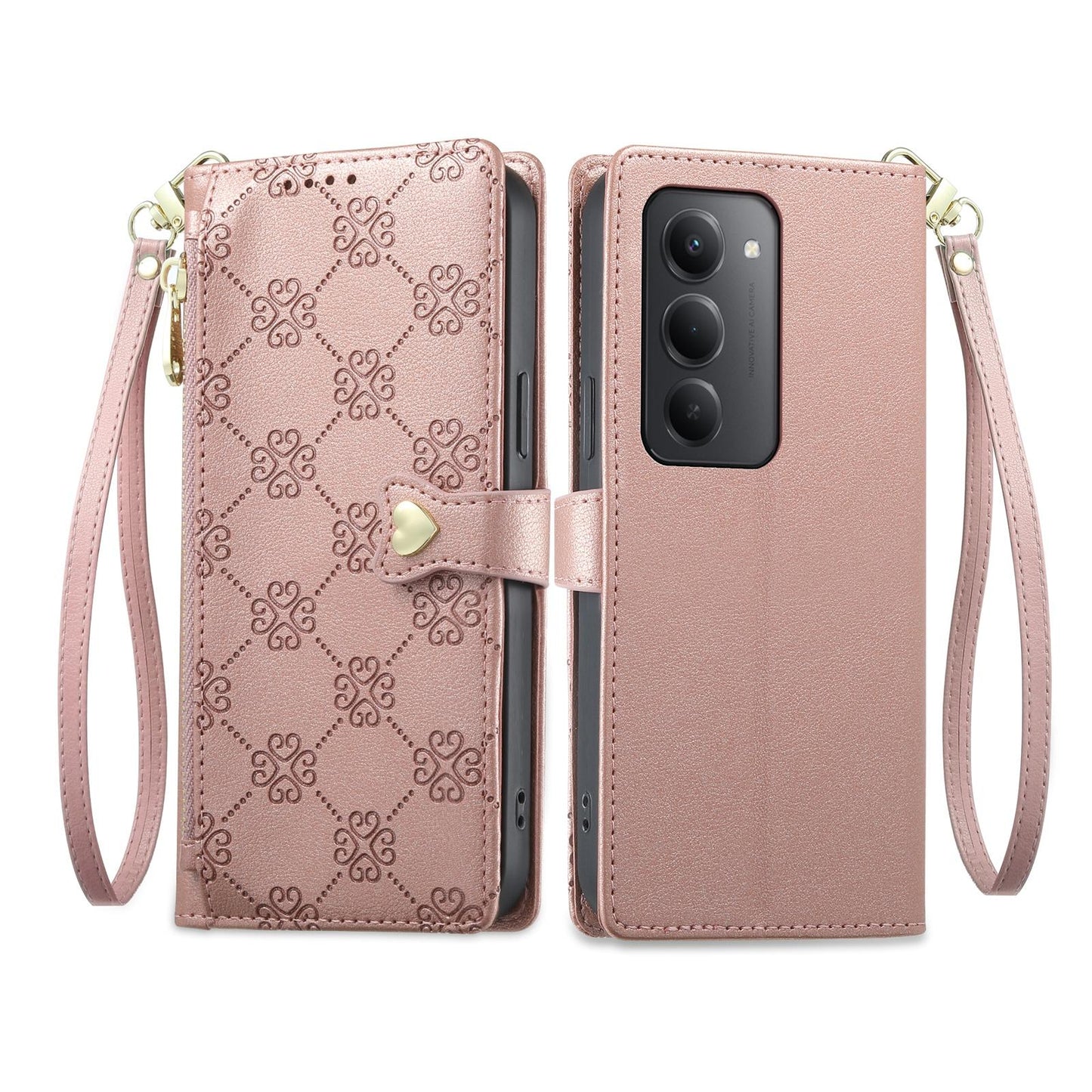 For Redmi 15 5G / 4G EU 171mm Zipper Wallet Heart Buckle Vegan Leather Phone Case with Wrist Strap(Pink)