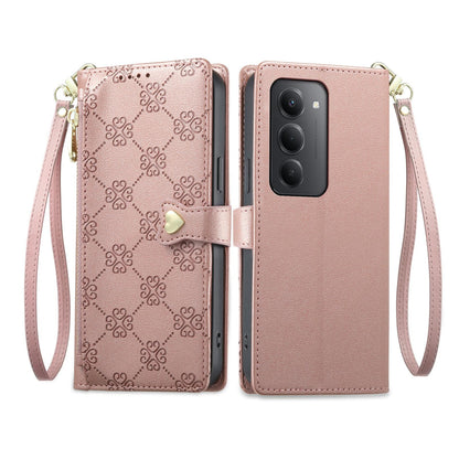 For Redmi 15 5G / 4G EU 171mm Zipper Wallet Heart Buckle Vegan Leather Phone Case with Wrist Strap(Pink)