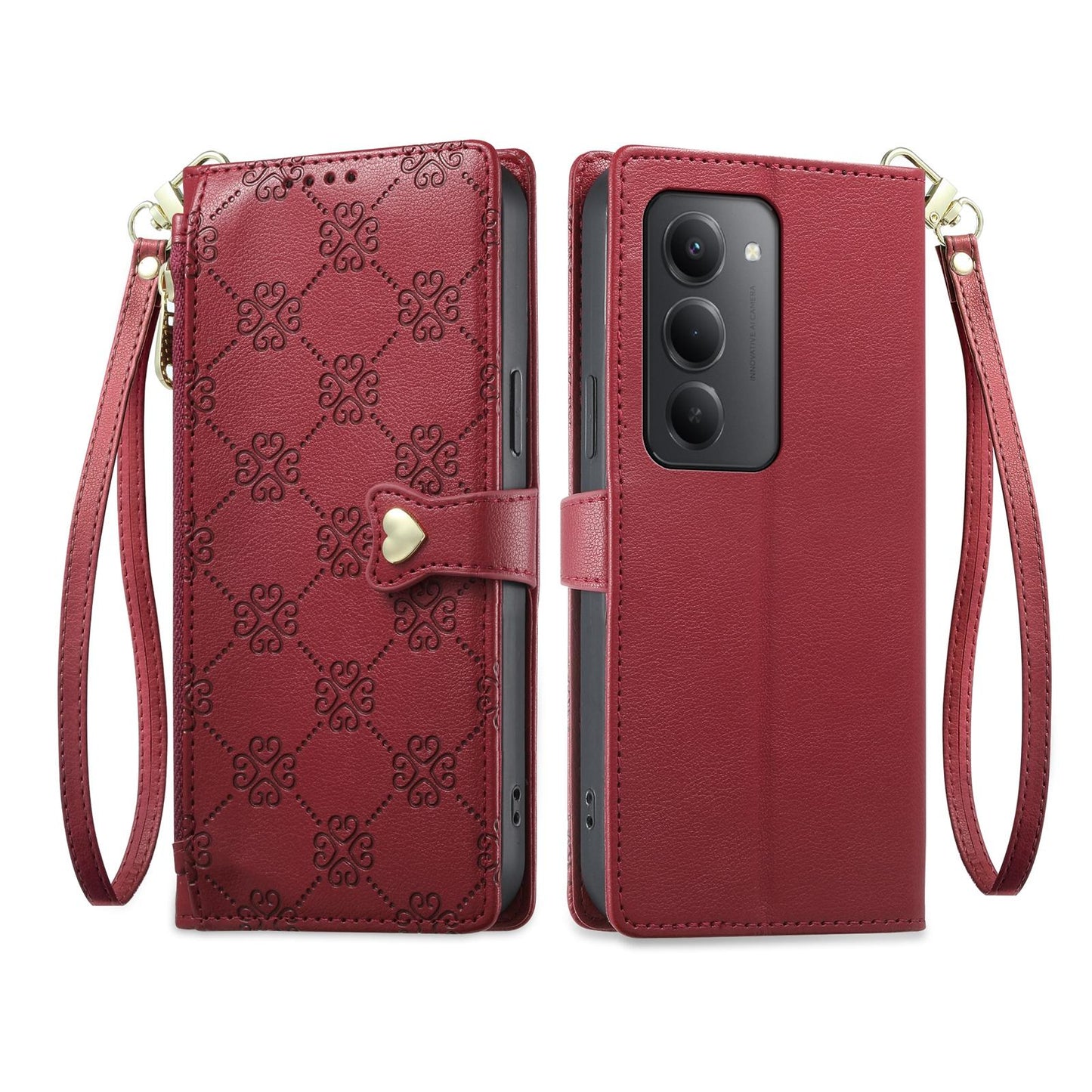 For Redmi 15 5G / 4G EU 171mm Zipper Wallet Heart Buckle Vegan Leather Phone Case with Wrist Strap(Red)