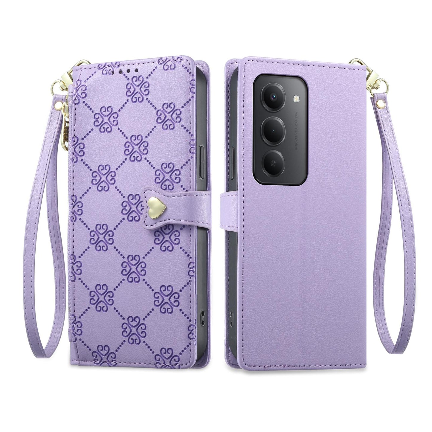 For Redmi 15 5G / 4G EU 171mm Zipper Wallet Heart Buckle Vegan Leather Phone Case with Wrist Strap(Purple)