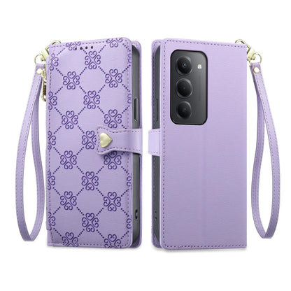For Redmi 15 5G / 4G EU 171mm Zipper Wallet Heart Buckle Vegan Leather Phone Case with Wrist Strap(Purple)
