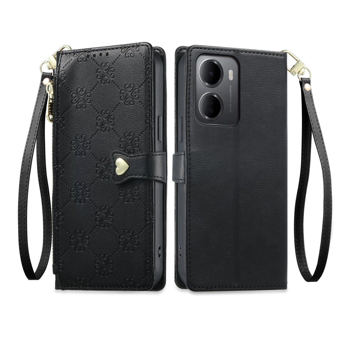 For Redmi 15a 5G Zipper Wallet Heart Buckle Vegan Leather Phone Case with Wrist Strap(Black)