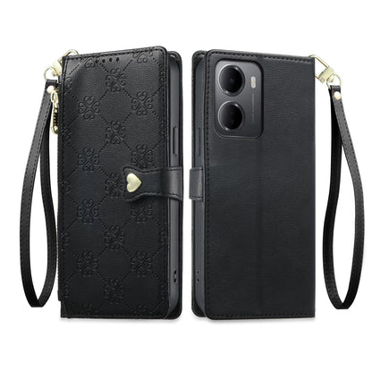 For Redmi 15a 5G Zipper Wallet Heart Buckle Vegan Leather Phone Case with Wrist Strap(Black)