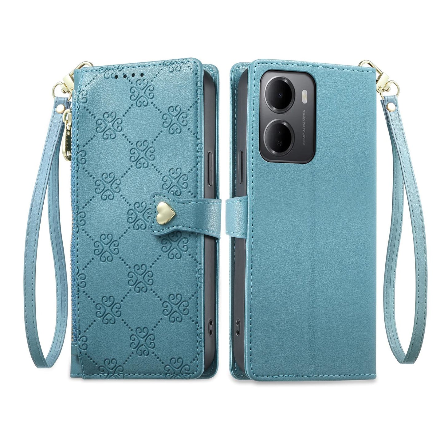 For Redmi 15a 5G Zipper Wallet Heart Buckle Vegan Leather Phone Case with Wrist Strap(Lake Blue)