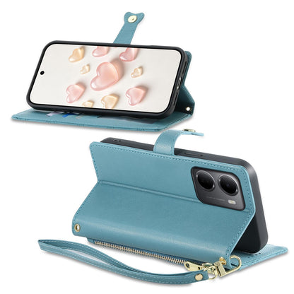 For Redmi 15a 5G Zipper Wallet Heart Buckle Vegan Leather Phone Case with Wrist Strap(Lake Blue)