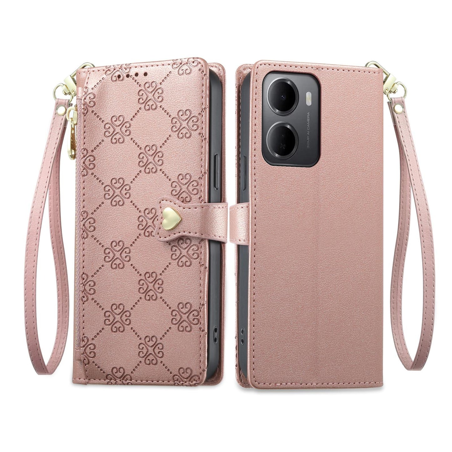 For Redmi 15a 5G Zipper Wallet Heart Buckle Vegan Leather Phone Case with Wrist Strap(Pink)
