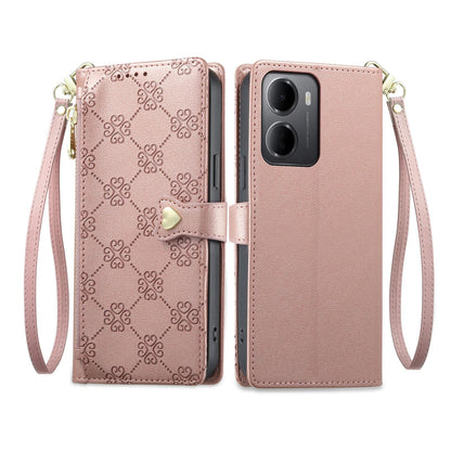 For Redmi 15a 5G Zipper Wallet Heart Buckle Vegan Leather Phone Case with Wrist Strap(Pink)