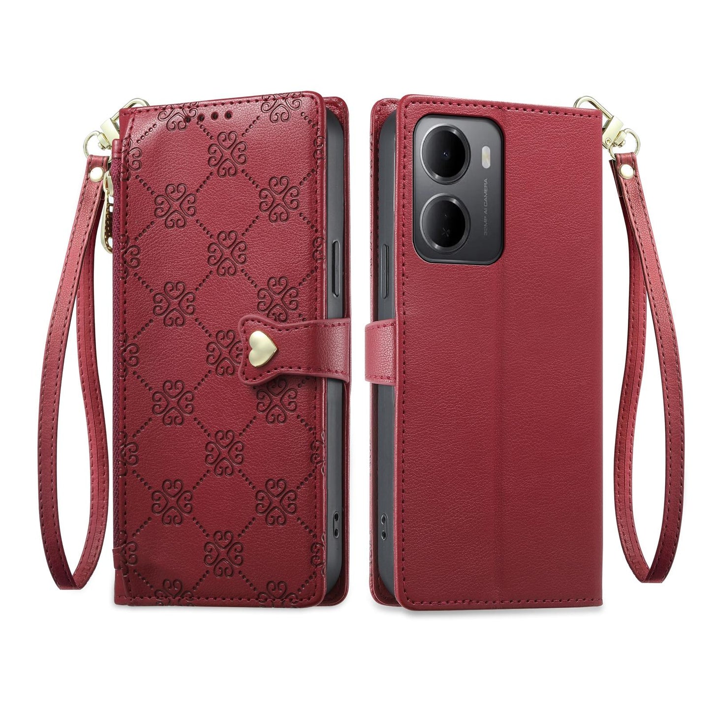 For Redmi 15a 5G Zipper Wallet Heart Buckle Vegan Leather Phone Case with Wrist Strap(Red)