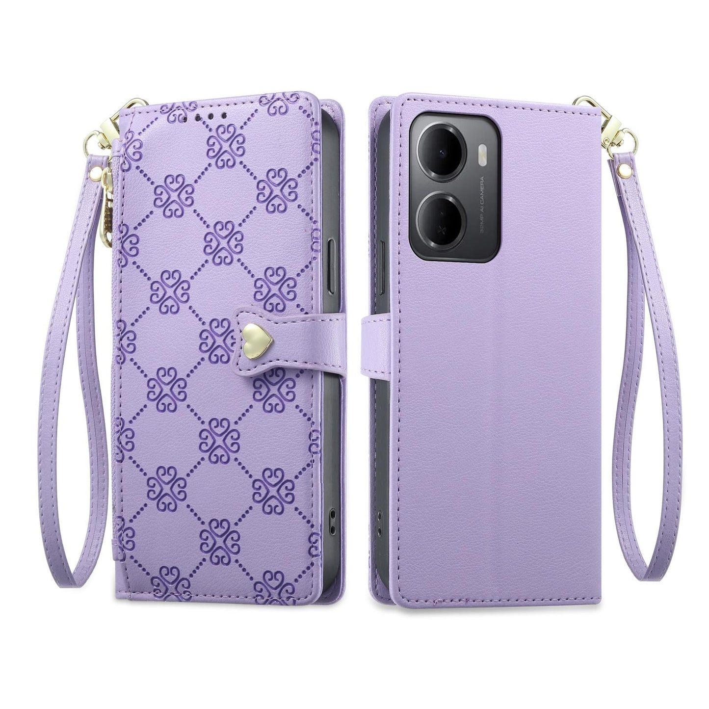 For Redmi 15a 5G Zipper Wallet Heart Buckle Vegan Leather Phone Case with Wrist Strap(Purple)