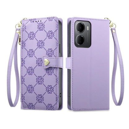 For Redmi 15a 5G Zipper Wallet Heart Buckle Vegan Leather Phone Case with Wrist Strap(Purple)