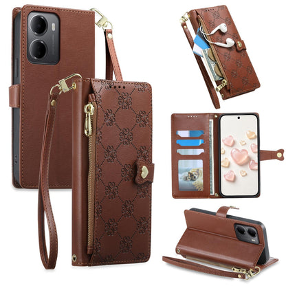 For Redmi 15a 5G Zipper Wallet Heart Buckle Vegan Leather Phone Case with Wrist Strap(Brown)