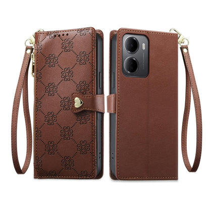 For Redmi 15a 5G Zipper Wallet Heart Buckle Vegan Leather Phone Case with Wrist Strap(Brown)