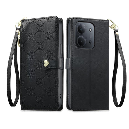 For Redmi 15C 5G / 4G 171mm / Poco C85 4G Zipper Wallet Heart Buckle Vegan Leather Phone Case with Wrist Strap(Black)