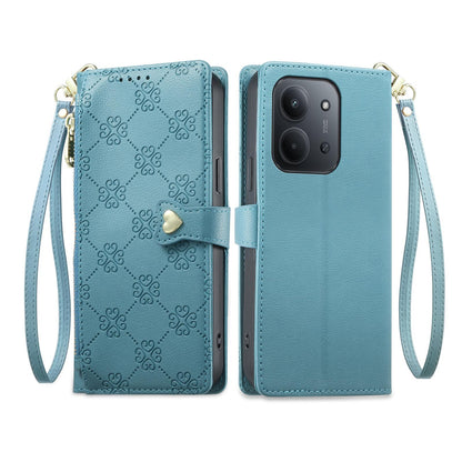 For Redmi 15C 5G / 4G 171mm / Poco C85 4G Zipper Wallet Heart Buckle Vegan Leather Phone Case with Wrist Strap(Lake Blue)