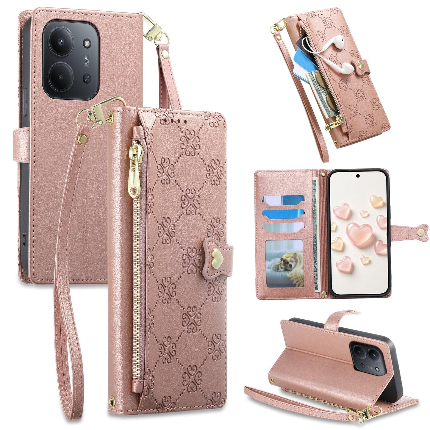 For Redmi 15C 5G / 4G 171mm / Poco C85 4G Zipper Wallet Heart Buckle Vegan Leather Phone Case with Wrist Strap(Pink)