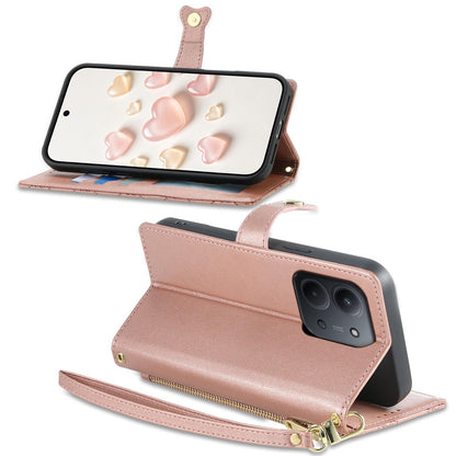 For Redmi 15C 5G / 4G 171mm / Poco C85 4G Zipper Wallet Heart Buckle Vegan Leather Phone Case with Wrist Strap(Pink)