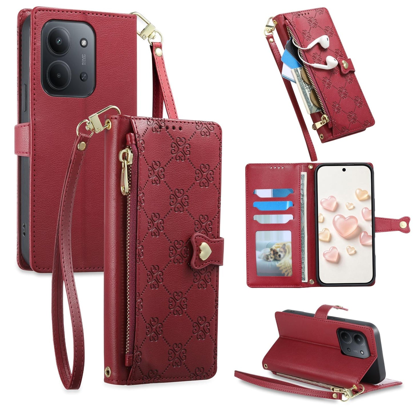 For Redmi 15C 5G / 4G 171mm / Poco C85 4G Zipper Wallet Heart Buckle Vegan Leather Phone Case with Wrist Strap(Red)