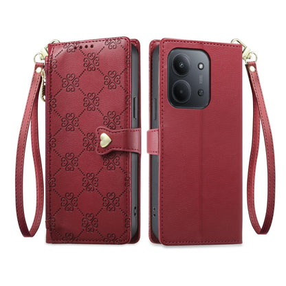 For Redmi 15C 5G / 4G 171mm / Poco C85 4G Zipper Wallet Heart Buckle Vegan Leather Phone Case with Wrist Strap(Red)