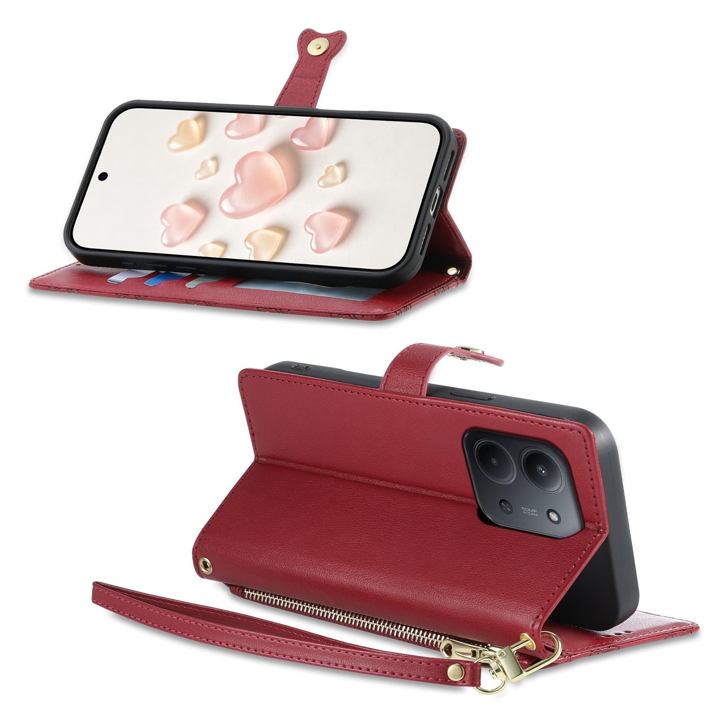For Redmi 15C 5G / 4G 171mm / Poco C85 4G Zipper Wallet Heart Buckle Vegan Leather Phone Case with Wrist Strap(Red)